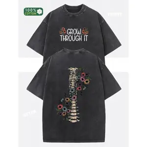 230g Washed Cotton Unisex T-Shirt - Dual-Sided GROW THROUGH IT & Floral Print, Retro Vintage Loose Fit Short Sleeve Top for Men & Women, Spring Summer Casual Wear boyfriend  tees