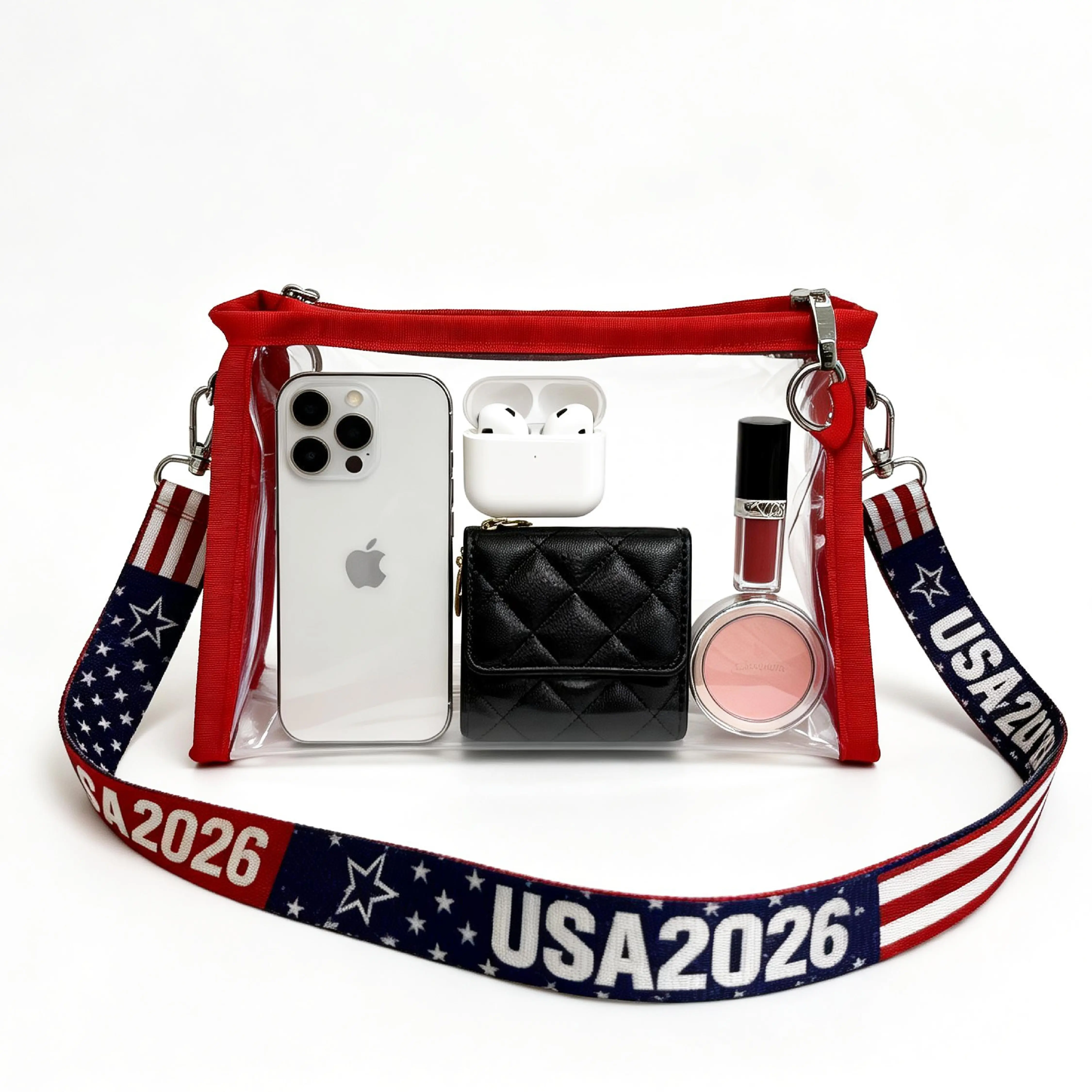 Clear Crossbody Bag, Stadium Approved Shoulder Bag, USA-Inspired Strap, Soccer 2026 Fan Gear, for Gameday, Concerts & Festivals, Transparent game day purse, Cellphone Bag, Makeup Bag