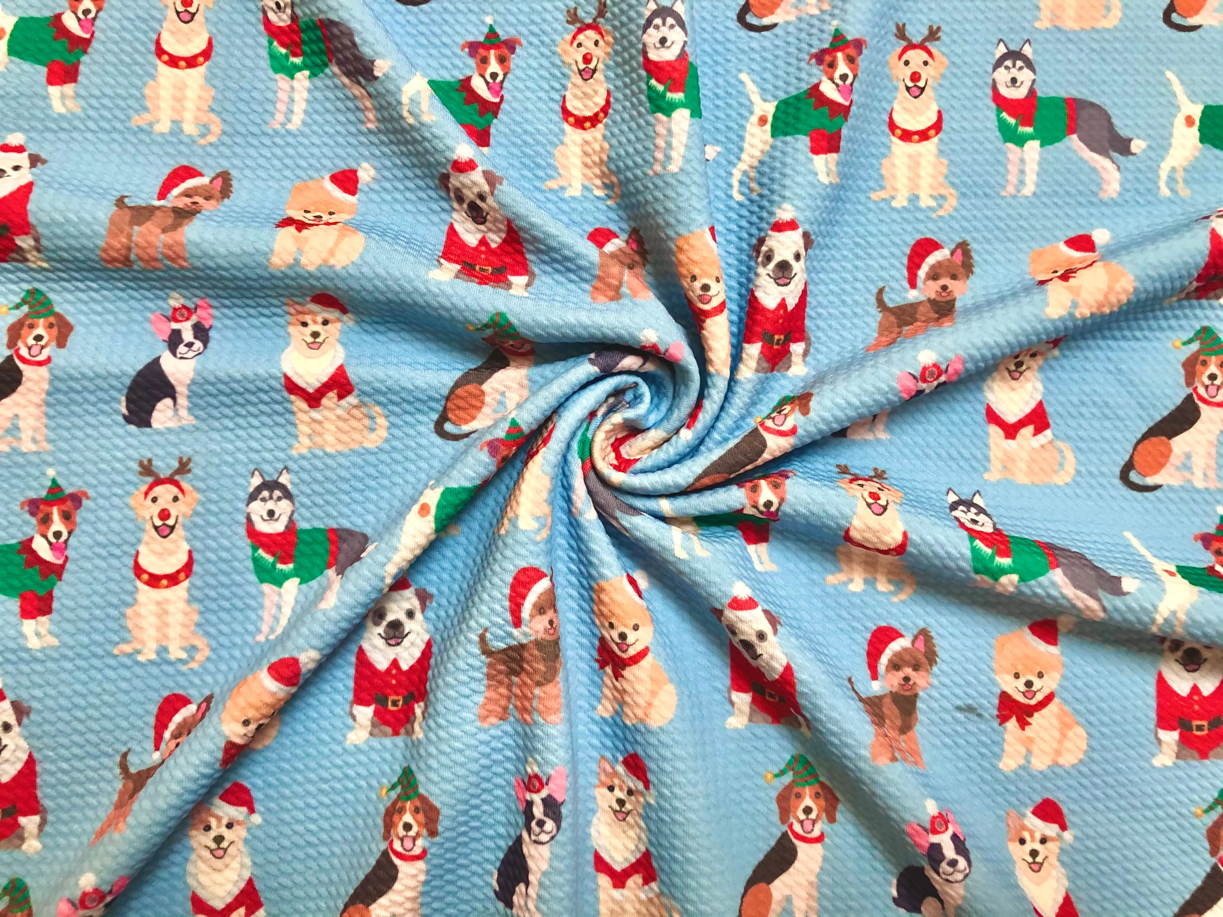 Blue Christmas Dogs Bullet Knit Fabric – Textured 4 Way Stretch, 58" Wide, 200 GSM – By the Yard