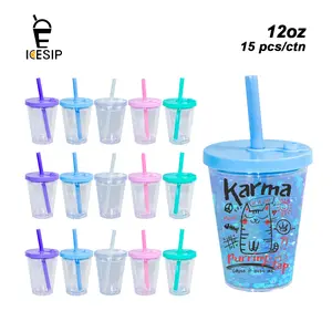 ICESIP 15-pack 12OZ Kids Leak-Proof Snow Globe Double wall Plastic tumbler cups with mixed color lids and bubble tea straws