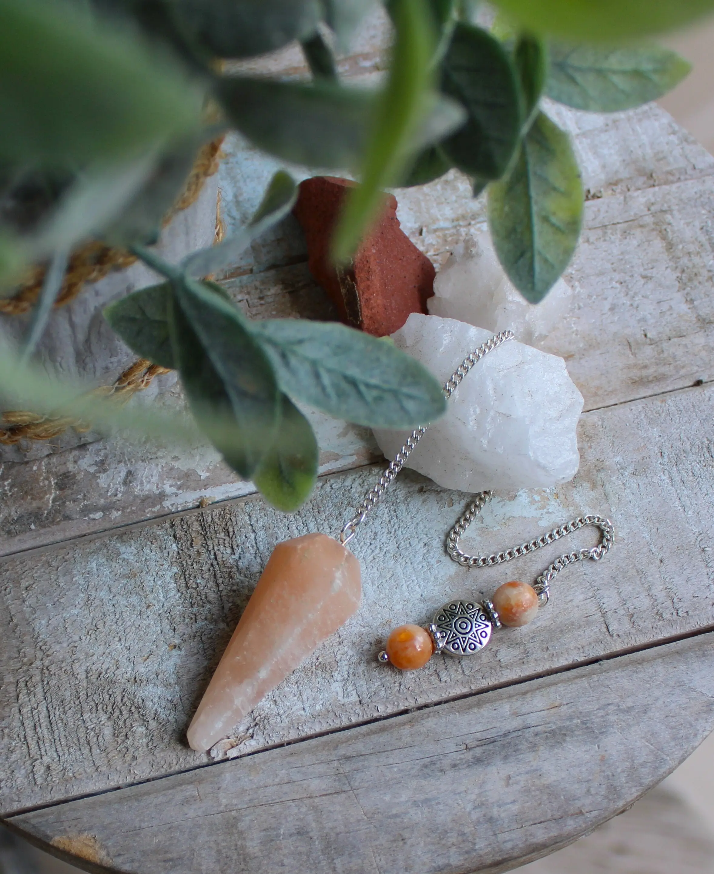 Pendulum Orange Selenite with Sunstone Beads Pendulum ~ Cleansing Energy ~