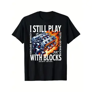I Still Play With Blocks Car Mechanic V8 Big Block Gearhead Printed T-shirt,Funny prints, distinctive patterns, personalized short-sleeve T-shirt.