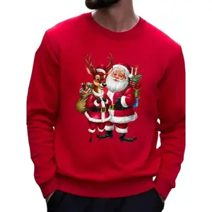 Neutral Santa Claus print hoodie, casual slim-fit long-sleeve pullover, crew neck, autumn and winter, solid color pattern