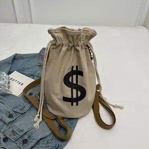 Women's Casual Canvas Backpack - Dollar Print Design, Large Capacity Drawstring Closure, Adjustable Shoulder Strap, Khaki and White Rope Decoration, Suitable Work, Travel, Shopping and Daily Use