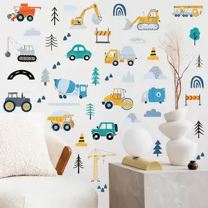 X-WPA27 Construction Wall Stickers - 6 Sheets 90 Pcs Construction Themed Trucks Excavator Crane Wall Decals Peel and Stick Wall Decors for Kids Baby Bedroom Boys Room Nursery Playroom Decorative Decoration