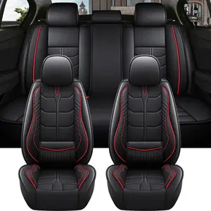 Universal Leather Car Seat Covers Full Set 5 Seats, Airbag Compatible, Breathable Automotive Accessories for Sedans Cars Red Black for Toyota/Nissan/Ford/Honda/Hyundai