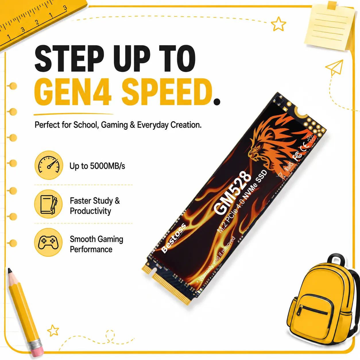 Bestoss GM528 2TB M.2 NVMe PCIe 2280 Internal Solid State Drive, Up to 5000 MB/s, 3D NAND SLC Cache, Graphene-Copper, NAS Compatible, Durable Performance for Business Laptops, Gaming PCs, Creative Workflow