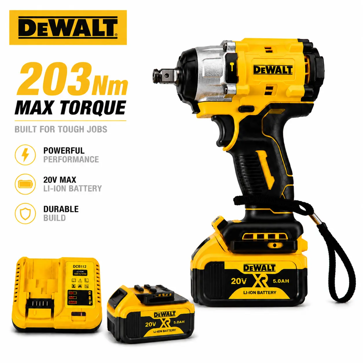 []DEWALT Cordless Impact Wrench Kit, Powerful Nut & Bolt Fastening and Removal, Durable Metal Gear & Reinforced Housing, High Torque Battery Power Tool, Impact Gun, Automotive Tools for Tire Change, Auto Repair, Garage, Workshop & DIY