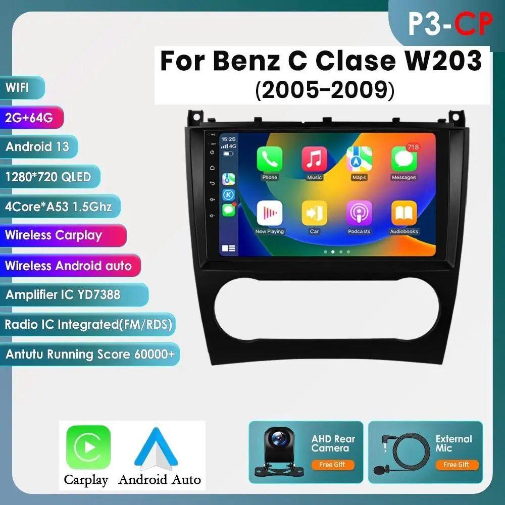 Hizpo Backlit LED Android 14 Car Radio with 8-Pin Connector, CarPlay, Bluetooth, GPS, Multimedia for Mercedes Benz CLC W203, C-Class C180/C200, CLK200/CLK W209