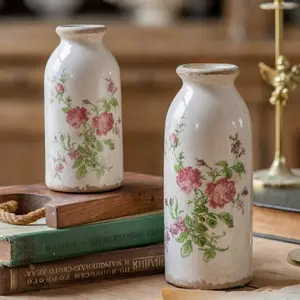 TEWEIQI 2-in-1 Retro Rose Floral Mini Ceramic Small Vase Set - Rustic Table Centerpiece Home Decor
