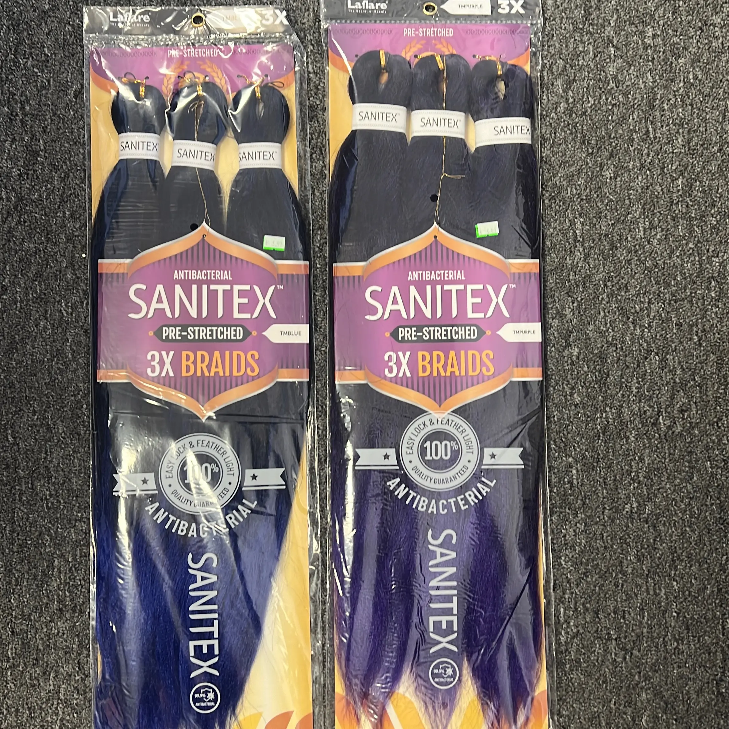 26 inch, 3x’s bundles per pack, Sanitex , pre-stretched synthetic braiding, antibacterial