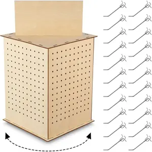 Wooden Rotating Display Stand 4 Sided Revolving Jewelry with Pegboard, Keychain Rack 360 °   Rotating Pegboard for Craft Shows(11.8 x 11.8 x 15.8 Inch)