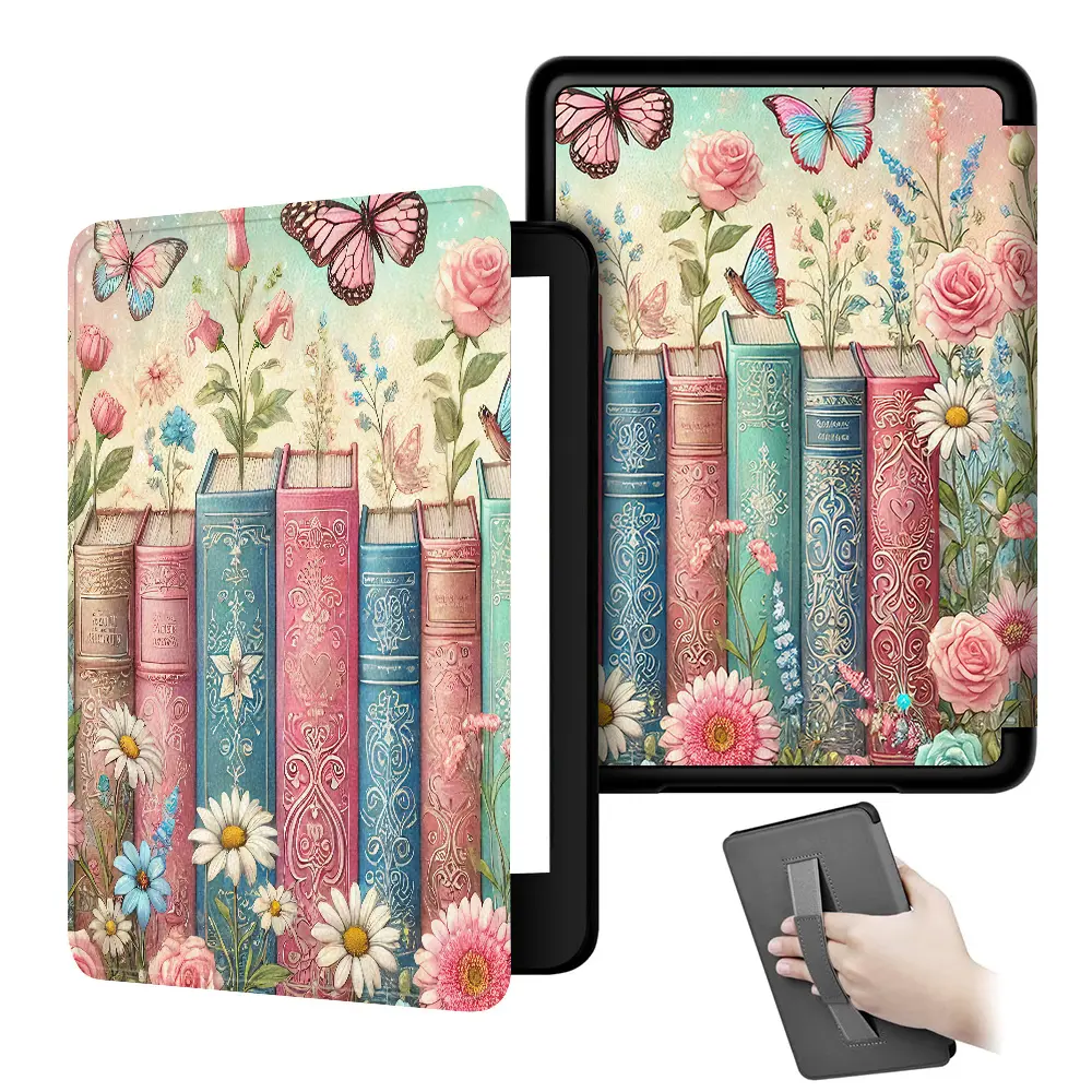 Kindle 11th Generation Case 2024/2022 (6"), Vintage Floral Bookshelf Cover with Hand Strap for Kindle Basic (Model C2V2L3/RS23CV), Smart Auto Wake/Sleep Soft TPU Shockproof Shell, Butterfly