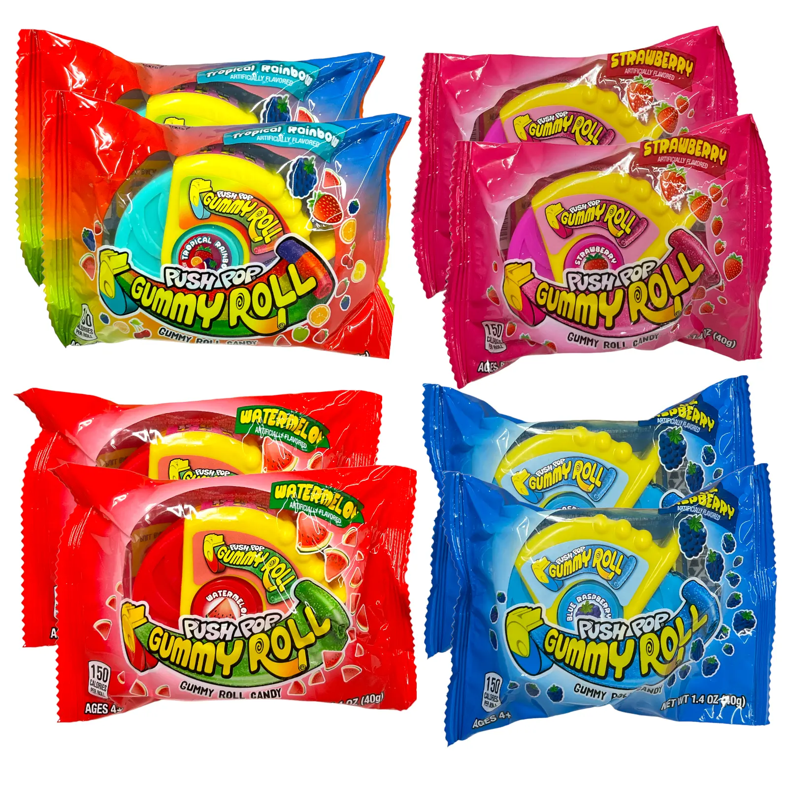 Push Pop Gummy Roll 4 Count Variety Pack - Individual Gummy Easter Candy with Assorted Fruity Flavors Snack Corn Milk Sweet