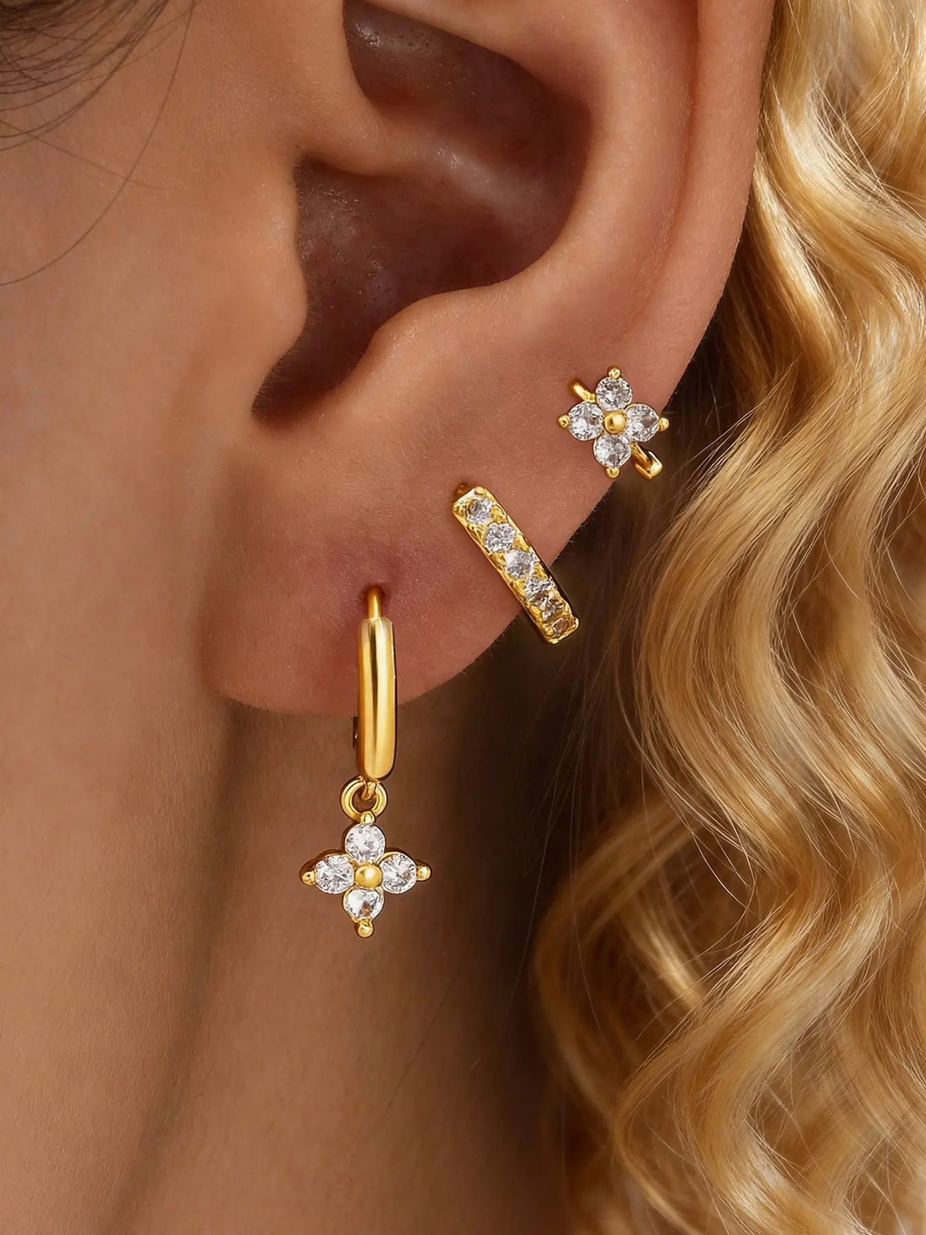 3-Piece Earring Set, Elegant Copper Artificial Zircon Geometric Design, Perfect for Daily Wear, Dates, Birthdays, Weddings, Wife Gift, Earrings Stack Set, Earring Stacking Set