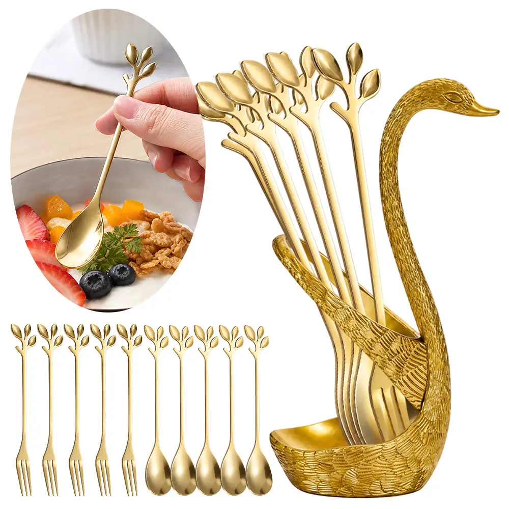 Gold Swan Base With 10-Pcs Mini Leaf Coffee Spoon Holder Set - 4.7" Stainless Steel Leaf Handle Spoons,Small Spoons,Espresso Spoons,Tea Spoons,Dessert Spoons,Demitasse Spoons
