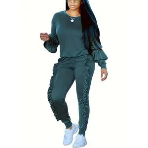 Women's Two-Piece Clothing Ruffle Sleeve Sweatshirt and Trousers Sportswear Suit