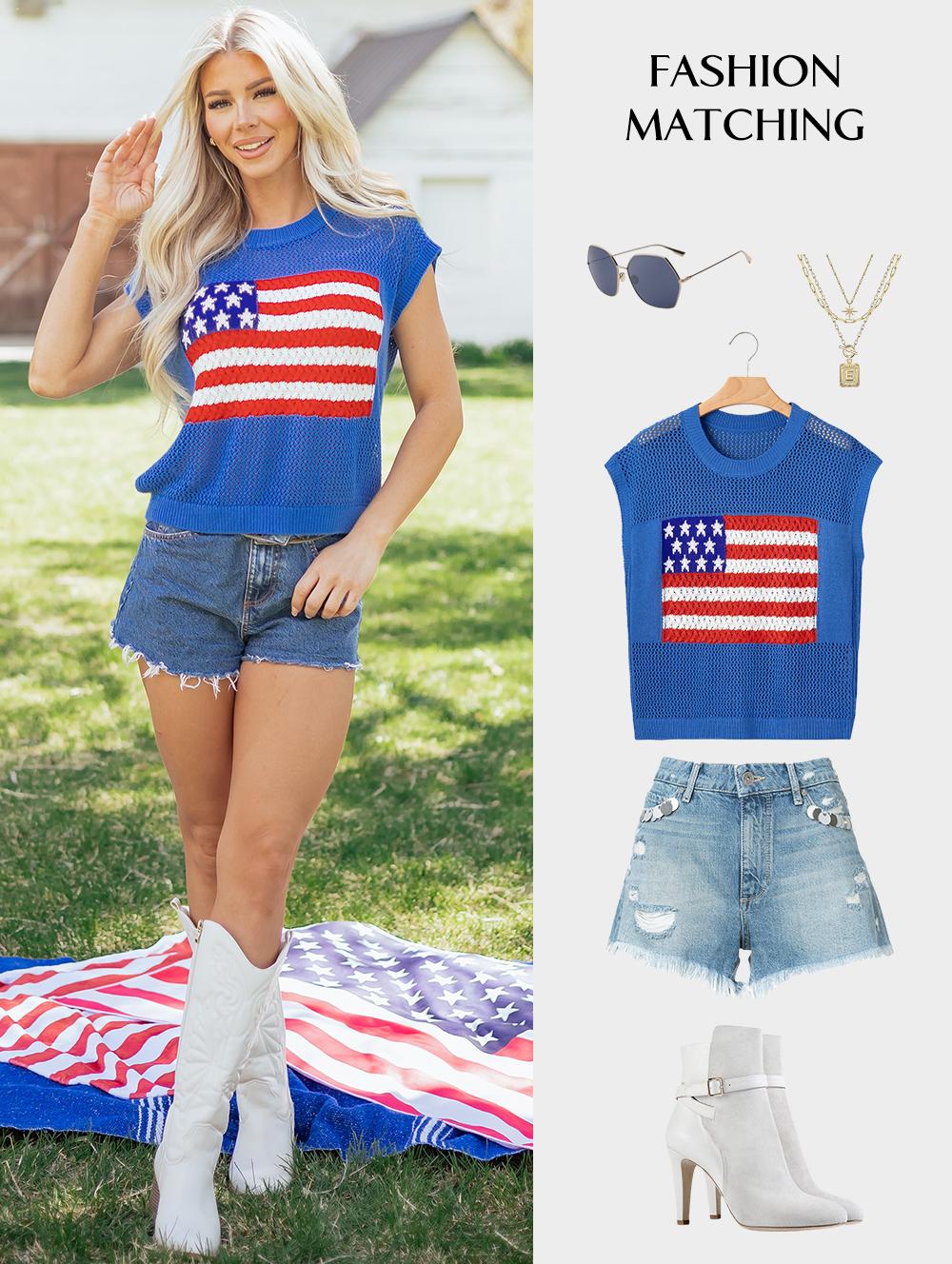 Asvivid Women's Crochet Flag Sweater Graphic Sleeved Sweaters Knit Top Womenswear Casual Crewneck Tshirt Loose Summer Clothes Fashion Tops Asvivid Women's Crochet Flag Sweater Graphic Sleeved Sweaters Knit Top Womenswear Casual Crewneck Tshirt Loose Summer Clothes Fashion Tops