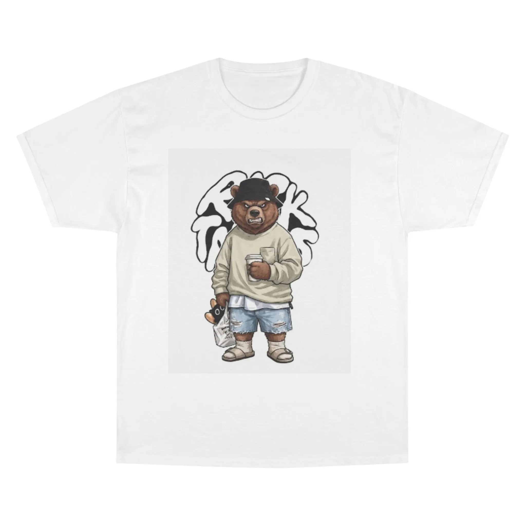 Streetwear Bear Illustration T-Shirt | Casual Hoodie Look, Coffee Cup