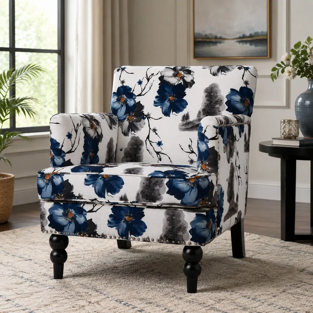 Upholstered Tufted Club Chair with Nailhead Trim and Rubberwood Legs, Contemporary Armchair for Living Room, Multicolor Fabric Accent Chair, 31.3W x 28.5D x 34H in, Single Box, Multicolor Color Options, Fabric/Plywood/Rubber Wood Material