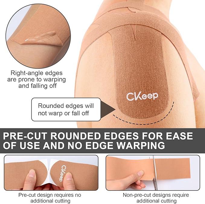 Ckeep Precut Kinesiology Tape, 2 Rolls - Original Cotton, Latex-Free with Rounded Edges for Knee Pain, Injuries & Sprains