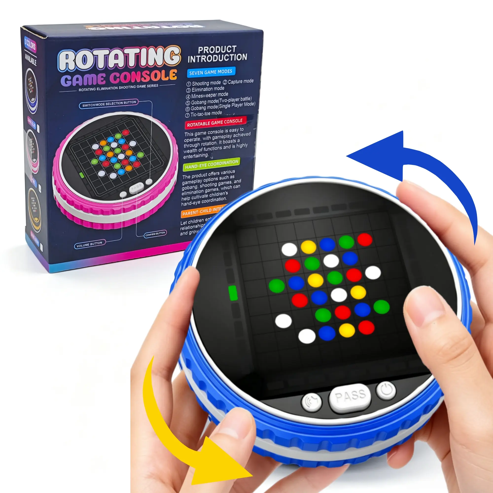 Ekobyte 7-in-1 Rotating Electronic Board Game with Built-in AI Opponent, 7 Game Modes (3 Modes with 99 Levels Each), Smart Handheld Logic Puzzle Game for Kids and Adults, Portable Travel Toy, Family Interactive Game, and Brain Training Toy