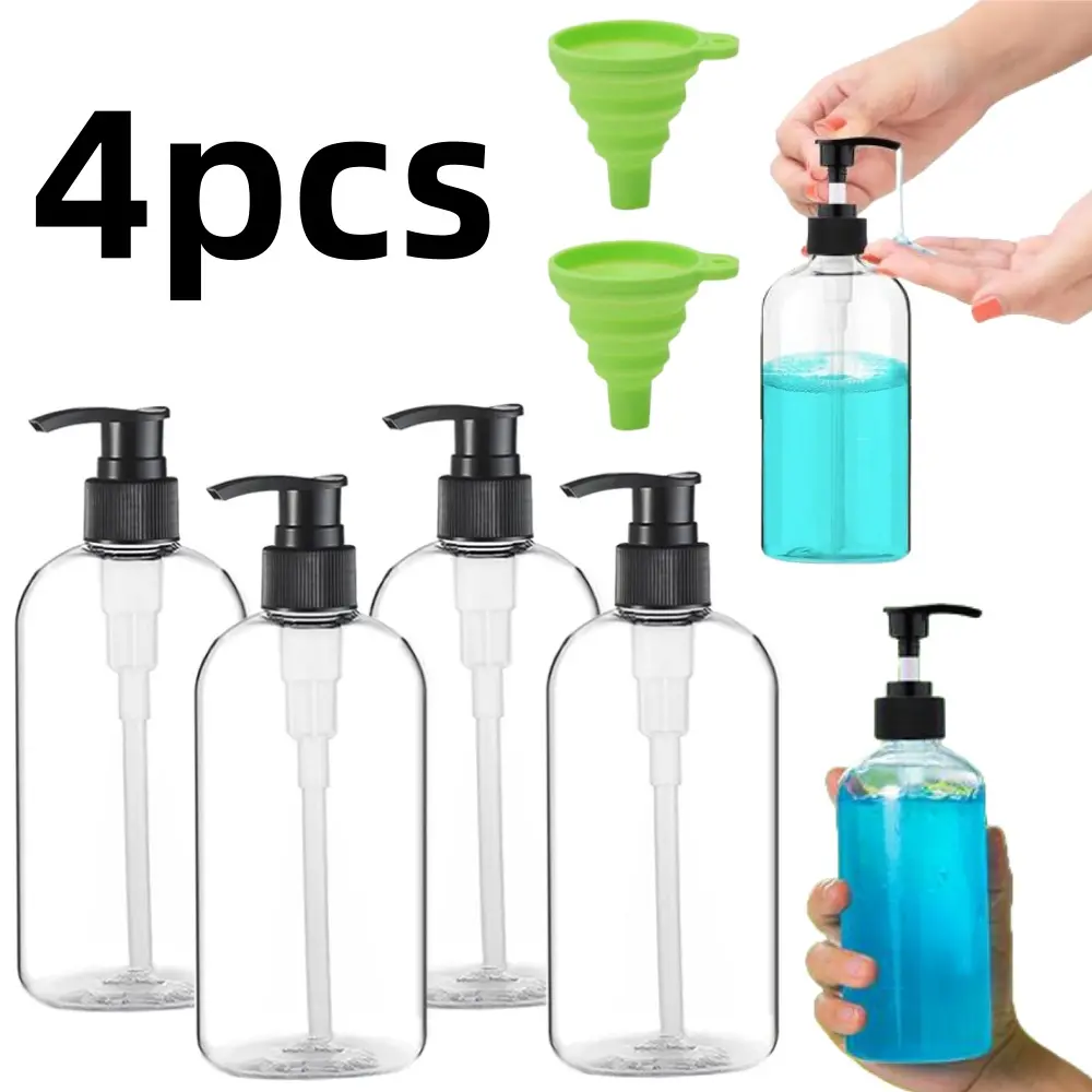 4 pack Refillable Plastic Bottles Empty Plastic Pump Bottles 16oz/500ml Portable Clear Containers Leakproof  BPA-Free Bottles for Lotion, Liquid Soap, Massage Oil