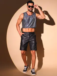 INSPIRE CHIC Metallic Sequins Tank Top for Men's Crewneck Sleeveless Cropped Festival Vest