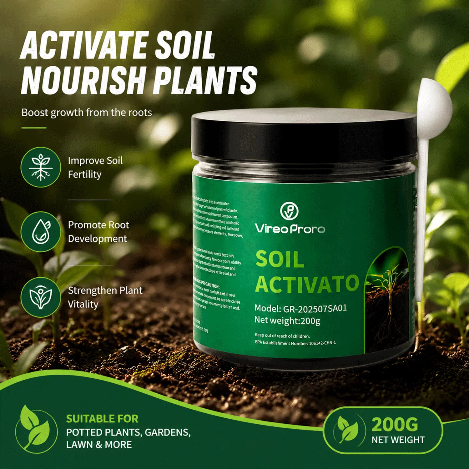 E01 Soil repair, plant soil activator, soil activating granular slow-release fertilizer, loosens soil for potting mix and seedling compost, promotes plant root growth, suitable for nursery pots and rose pots.