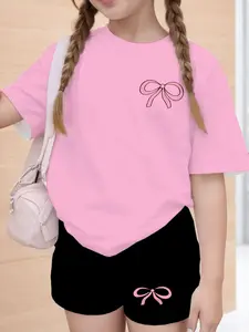 Girls' Bowknot Print Casual Fitted T-Shirt Shorts Set, All over Print, Versatile Summer, Comfortable Daily Wear