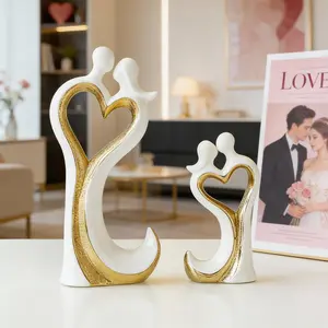 Couple Heart-Shaped Tabletop Ornament, Decorative Sculpture, Creative Design Artistic Ceramic Craft, Ceramic Figurine, Romantic Home Decor for Dining Room Living Room, Valentine's Day Gift Decoration