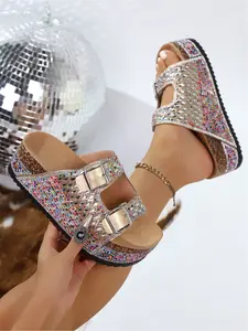 Women's Summer Fashion Thick Sole Sandals Bohemian Style Platform Slides 2026 New Arrival Party Footwear Strappy Metal Buckle Studs Decorated Height Incr Beach Shoes