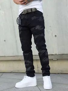 Men's Denim Jeans, Silver Color Embroidery, Fitted Mid Waist, Zipper Fly, Casual Fashion Pants, All Seasons Wear