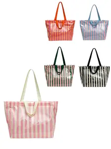New Fashion Blue Striped Tote Bag Waterproof PVC Large Capacity Shoulder Bag Summer Commute Vacation Handbag