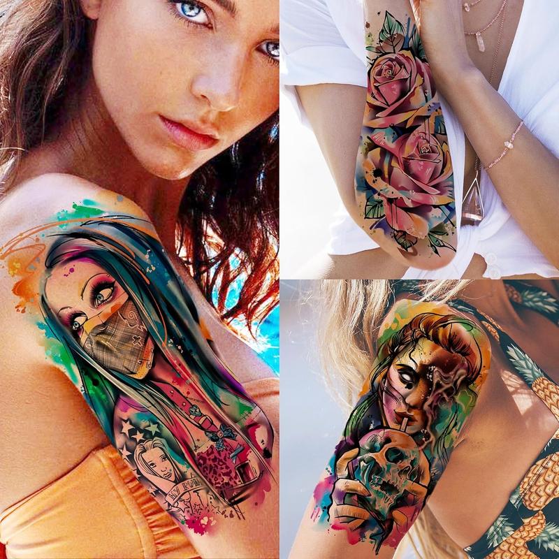 65/66 Sheets Watercolor Temporary Tattoos For Men Women Forearm Shoulder Legs Body Arm, 12 Sheets Long Lasting Lion Tiger Wolf Dragon Ealge Fake Tattoo Sleeve Adults, 53/54 Sheets Small Tatoos Kids