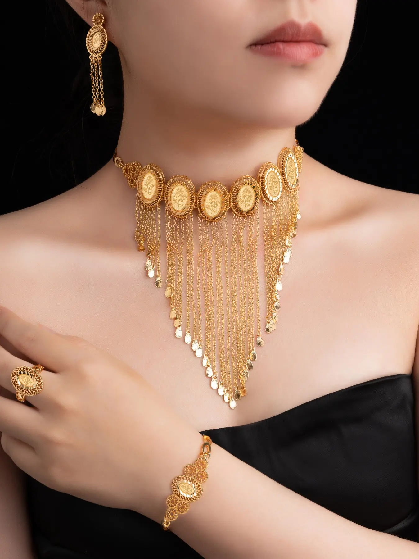 Mother's Day Gift Elegant Rose Pattern Wedding Party Jewelry Set, Copper Plated V-Shape Tassel Necklace, Perfect Gift for Mother's Day & Valentine's Day, Fashionable Jewellery Gift Set