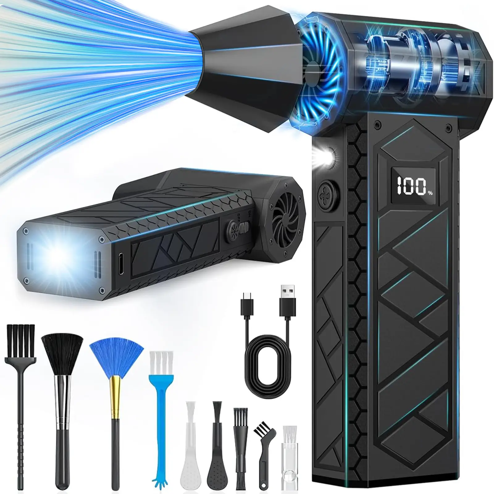 HSTOP Electric Air Duster with Flashlight ,Portable Cordless Leaf Blower Turbo Fan ,4 Wind Speeds LED Display ,10000mAh Battery USB Rechargeable for C