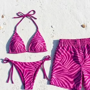 Matching Couple Zebra Print Swimwear Set, Pink Bikini and Trunks, Neon Summer Beachwear M1J