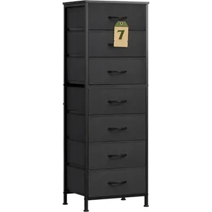 Black Tall Dresser for Bedroom, 7 Drawer Dressers & Chests of Drawers, Fabric Dresser for Closet, Living Room, Night Stand with Metal Frame, Storage Tower with Fabric Bins,  Top