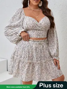 【Plus Size】 Ditsy Floral Print Top & Skirt Set, Boho Bohemian Sweetheart Neck Long Sleeve Top & Skirt, Women's Summer Clothes for Vacation Holiday, Womenswear, Casual Outfits Women, Lady Matching Clothing Set, Longsleeves, Boho Outfit Sets