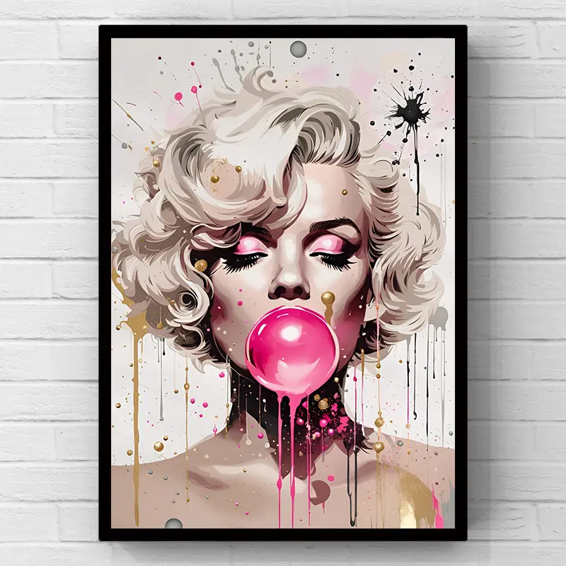 2D flat print canvas wall art gift; gold and pink drip paint pop art portrait poster featuring a woman blowing bubblegum—wall decoration ornament. Chic wall art decor perfect for bedrooms, makeup rooms, lounges, and teen household interior walls.