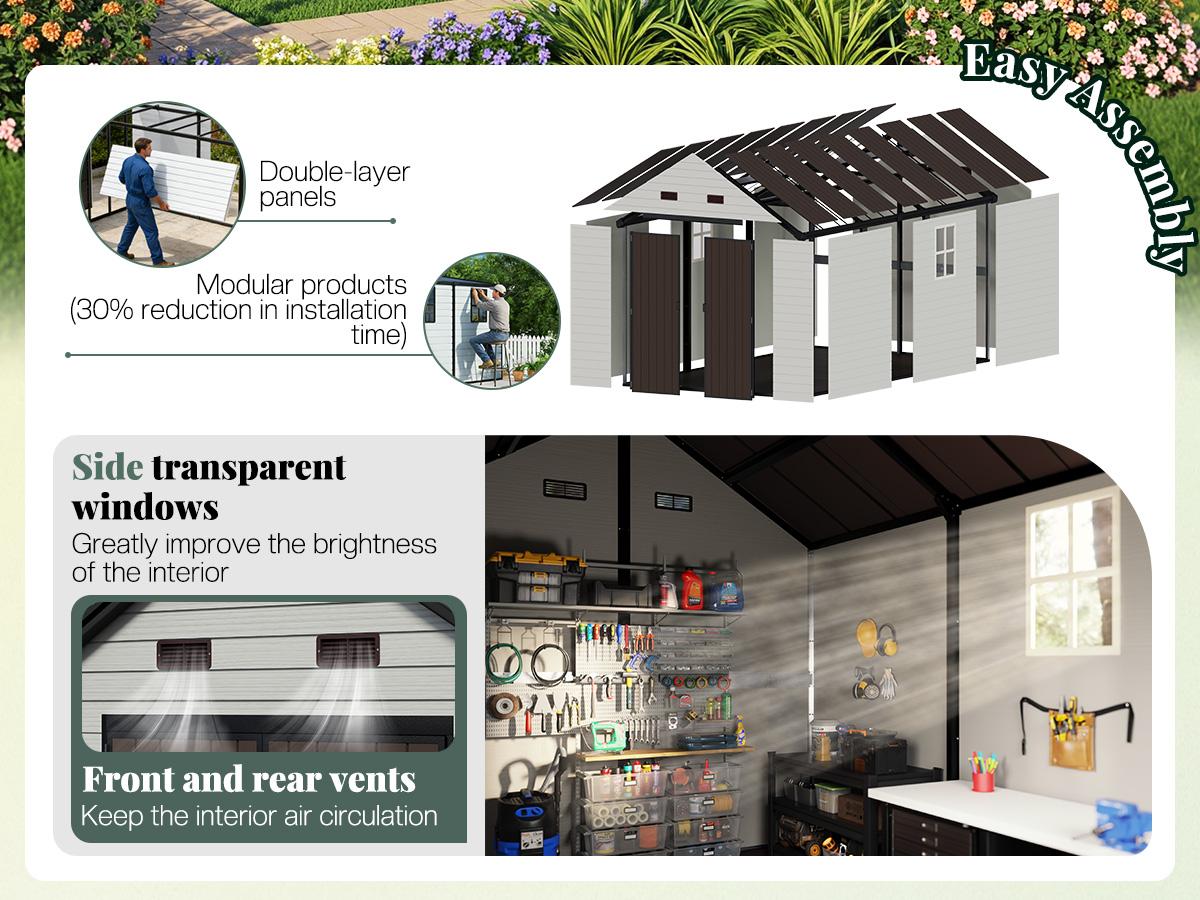 [Ships in 4 Boxes] AMERLIFE 8x13.5 FT Resin Storage Shed with Floor, Lockable Outdoor Storage Shed with Windows, Vents, All-Weather Use Plastic Structure for Garden, Backyard, Patio, Lawn – White & Brown