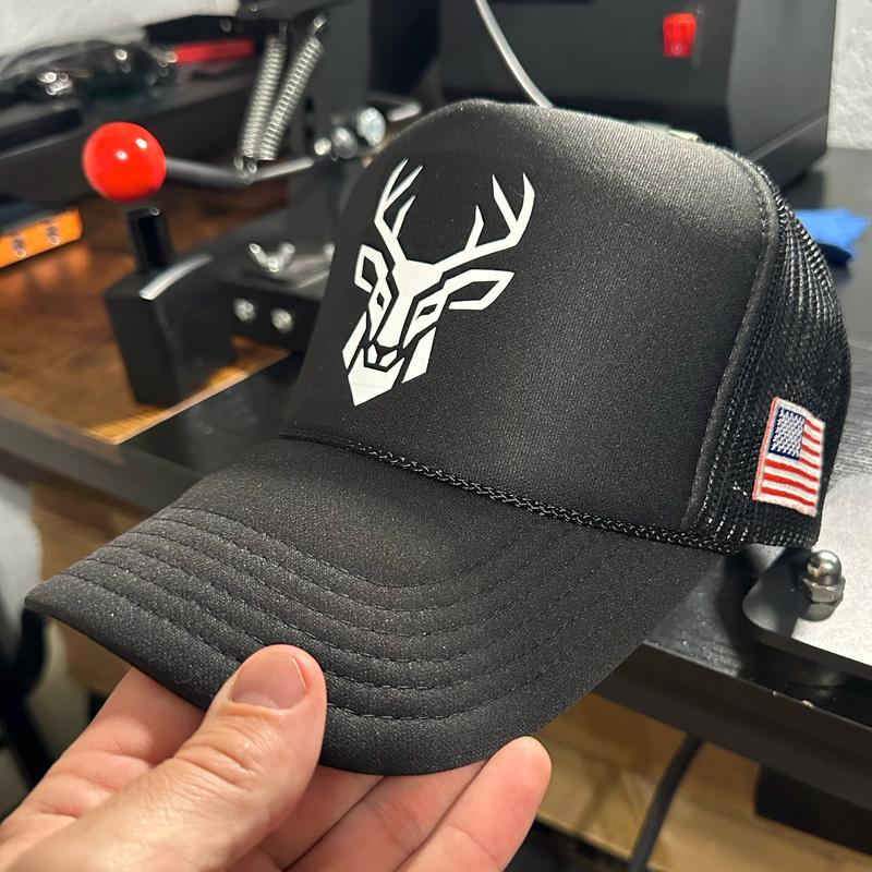 BRIMSHED Geometric Deer Trucker Hat - Black Mesh with American Flag Side Patch, Adjustable Snapback Closure, One Size Fits Most