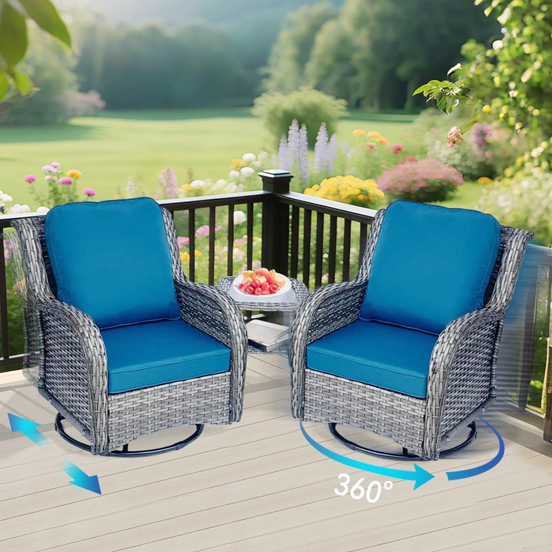Outdoor Swivel Rocker Chairs 3 Pieces Wicker Swivel Patio Chair with Rattan Side Table, Wicker Patio Furniture Set, 3 Piece Rattan Outdoor Sectional Conversation Sets 2 Piece Wicker Hang gliding  Chairs and 1 Side Table, Blue+Grey