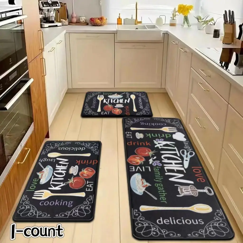 Kitchen Rug, 1 Count Letter & Cutlery Pattern Kitchen Mat, Non-slip Absorbent Floor Mat, Waterproof Quick Dry Machine Washable Carpet for Kitchen Hall