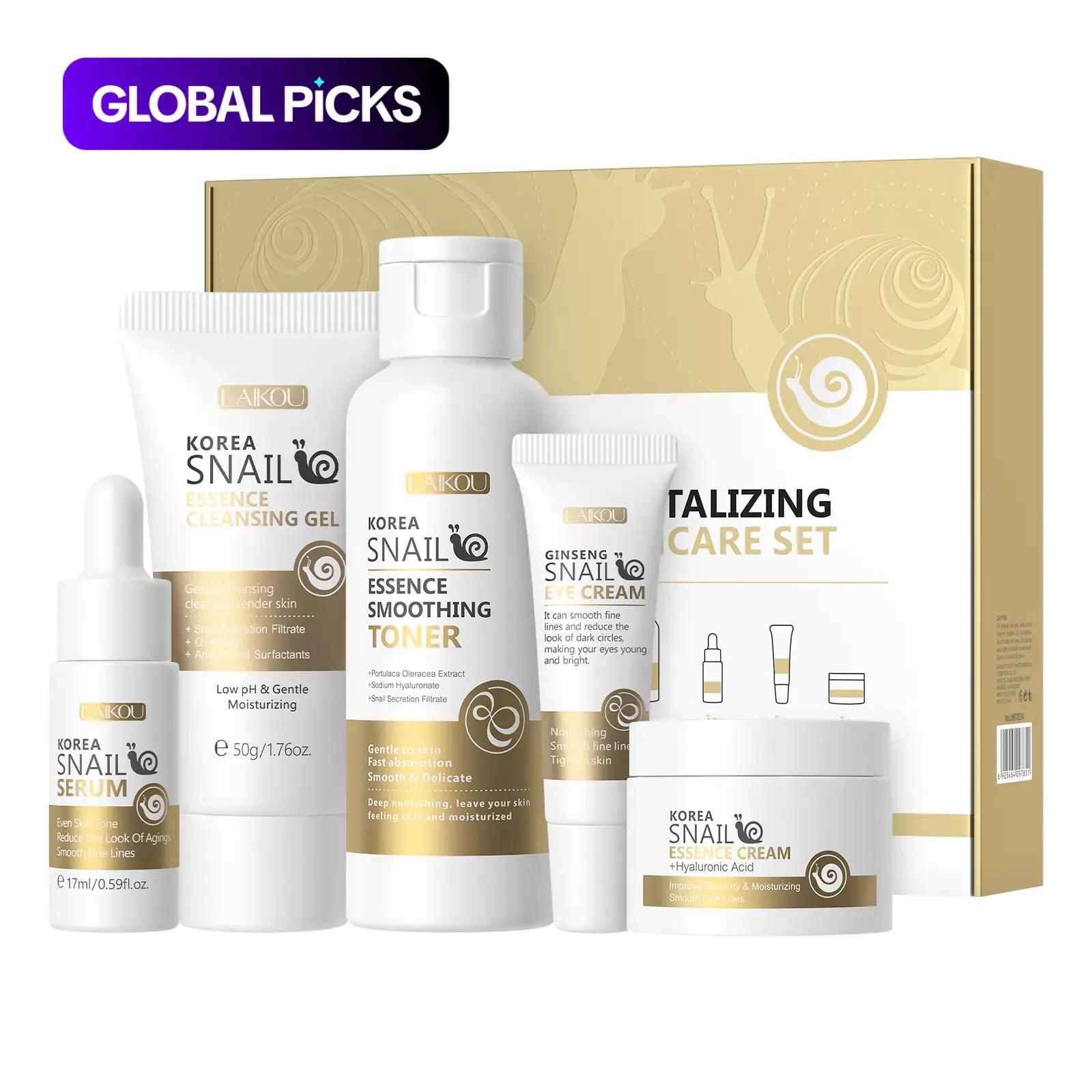 Snail Essence Skin Care Set, Hydrating Bundle, Moisturizing, Gentle Skincare Kit Including Facial Cleanser, Toner, Serum, Eye Cream and Moisturizer, Unisex Daily Skincare Routine Supplies, Good Molecules Skincare, Valentine's Day Gift #GLOBAL PICKS