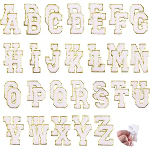52PCS White Chenille Self Adhesive Letter Patches, Varsity Style Gold Trim for Jackets Hats Denim Backpacks DIY Fabric Stickers