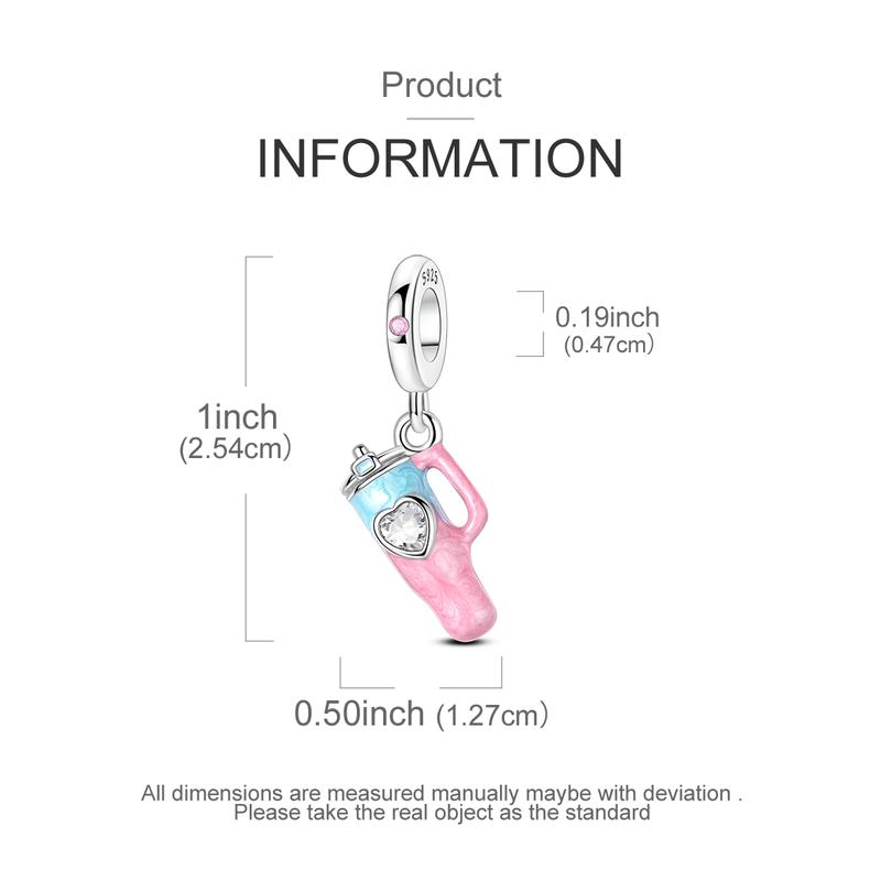 MULA 925 Sterling Silver Summer Water Bottle Pendant with Pink and Blue Enamel and CZ Hearts - Cute Drink Charm Beads, Compatible with Pandora Bracelets, Gift for Women Girls Teens
