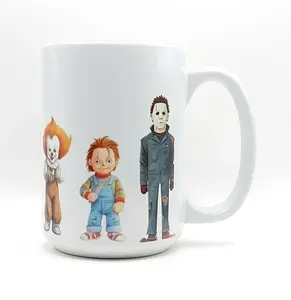 15 oz Ceramic Coffee Mug – Horror Icons Halloween Cup, Scary Chucky, Pennywise, Freddy Krueger, Jason, Michael Myers & Ghostface Design, Spooky Gift Drinkware