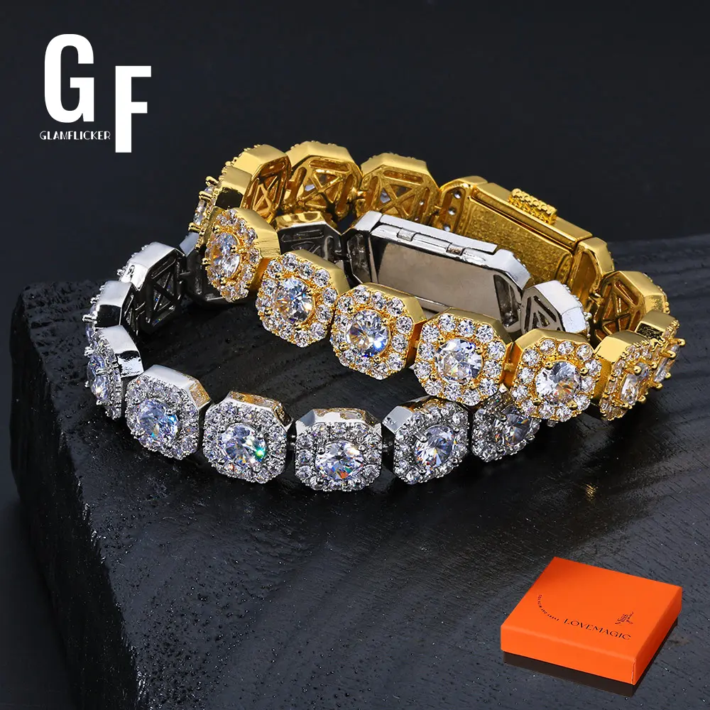 Synthetic Moissanite Tennis Link Cuban Bracelet, 12MM Wide Iced Out Flip Chain for Men and Women, High Quality Link Bracelet with Giftbox, High Quality Bracelet